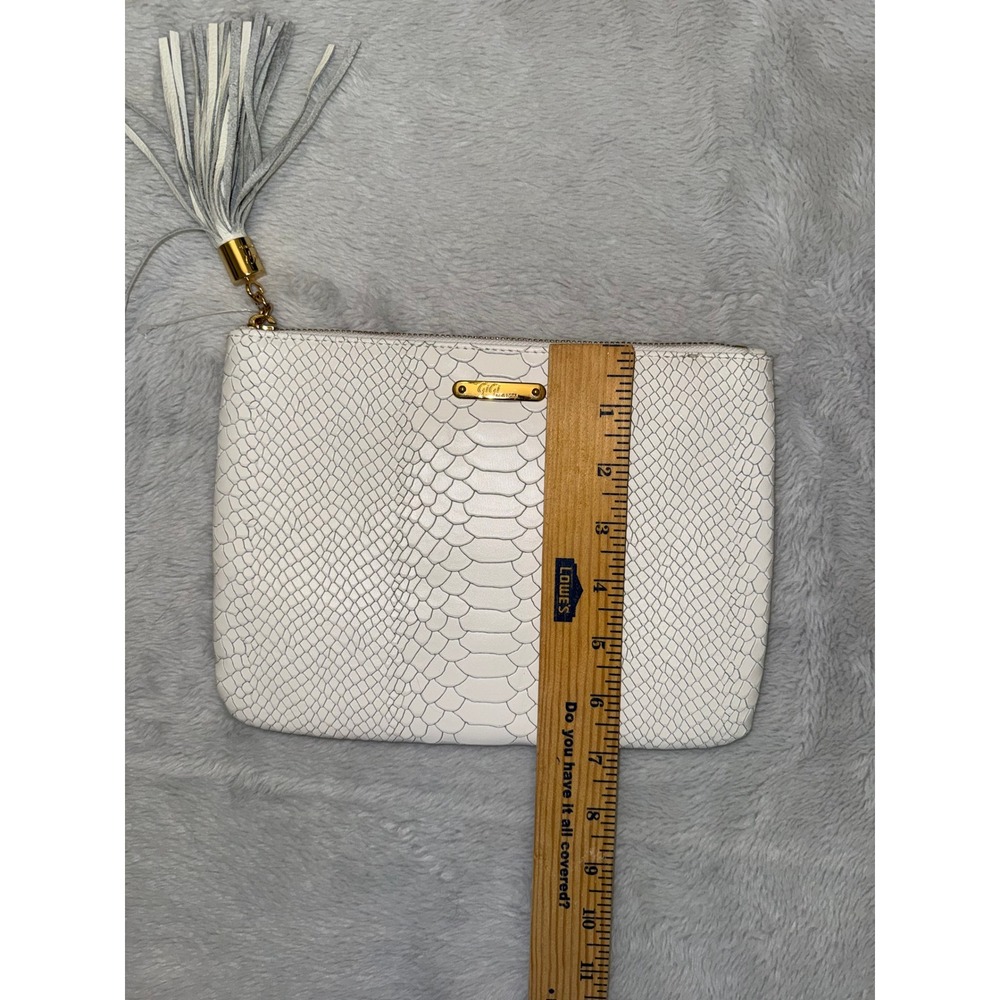 GiGi New York White Python Embossed Leather Tassel Clutch Bag Gold Hardware - Picture 6 of 9